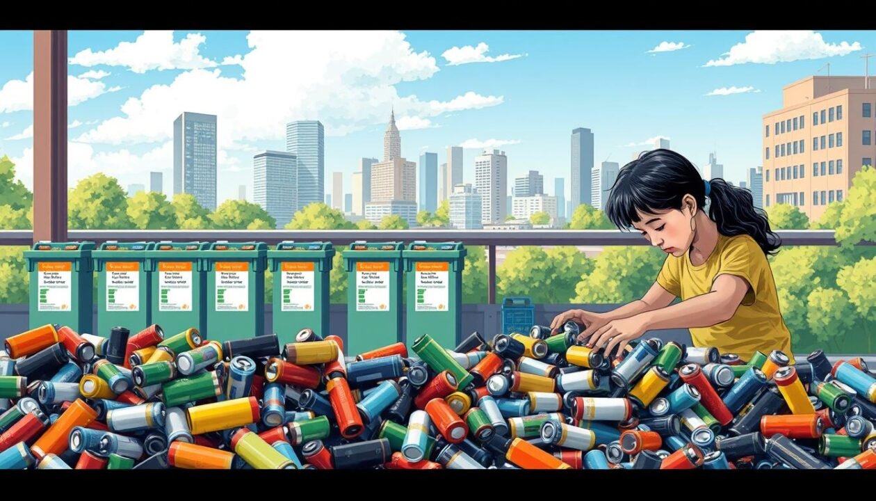 A vibrant, detailed illustration of recycling used batteries. In the foreground, a person carefully sorting through a collection of various-sized batteries, separating them into different piles. The middle ground shows a recycling center with labeled bins for proper disposal of spent batteries. In the background, a cityscape with modern, eco-conscious buildings and a clear, blue sky, conveying a sense of environmental responsibility. The lighting is natural and warm, highlighting the act of recycling as a positive, sustainable practice. The overall scene emphasizes the importance of responsibly managing expired batteries to protect the environment. A vibrant, detailed illustration of recycling used batteries. In the foreground, a person carefully sorting through a collection of various-sized batteries, separating them into different piles. The middle ground shows a recycling center with labeled bins for proper disposal of spent batteries. In the background, a cityscape with modern, eco-conscious buildings and a clear, blue sky, conveying a sense of environmental responsibility. The lighting is natural and warm, highlighting the act of recycling as a positive, sustainable practice. The overall scene emphasizes the importance of responsibly managing expired batteries to protect the environment.