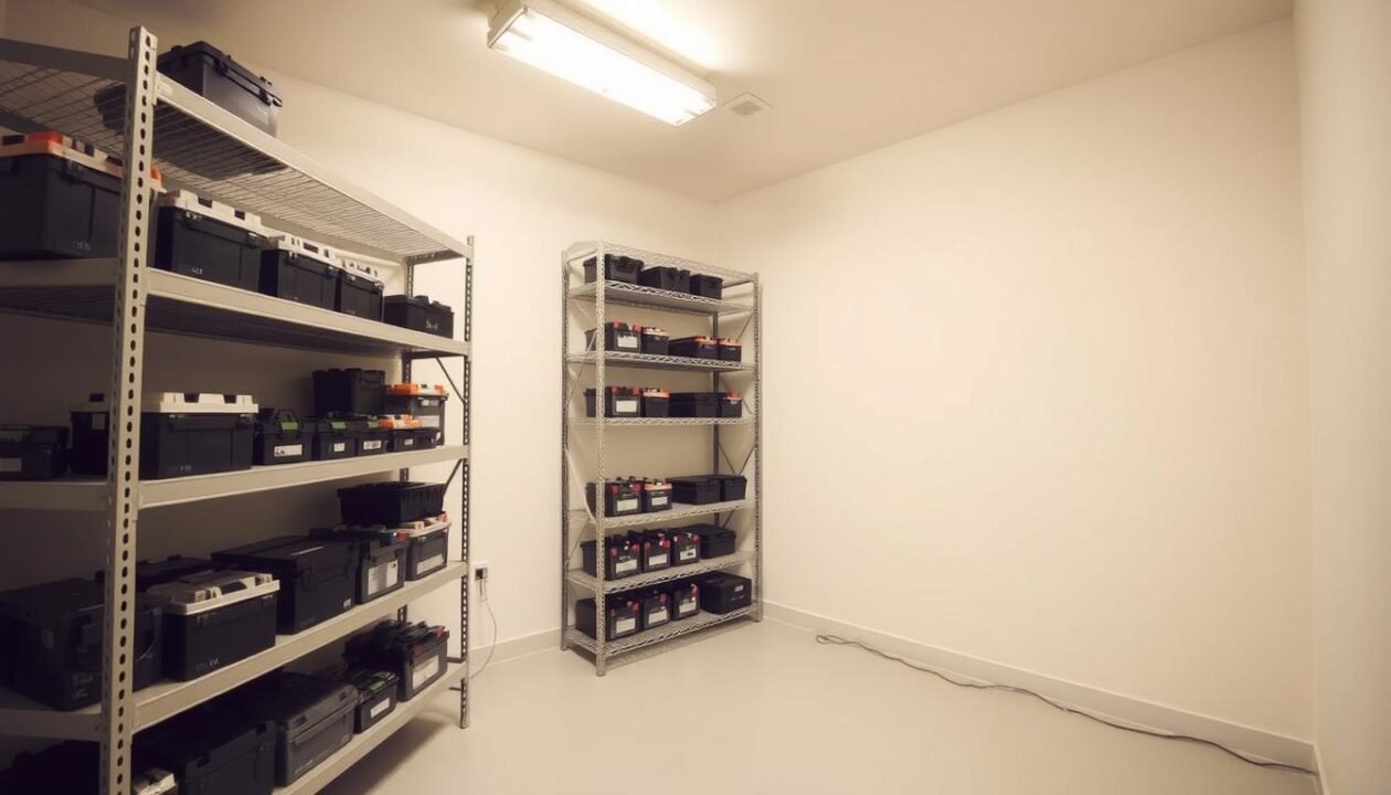 A well-lit, spacious storage room with a clean, organized layout. The focal point is a sturdy metal shelving unit, its shelves neatly arranged with various battery sizes. The lighting is soft and even, creating a warm, inviting atmosphere. The room's walls are plain, neutral-toned, allowing the batteries to stand out. The floor is clean and uncluttered, with just a few stray cables running along the baseboards. The overall impression is one of efficiency, attention to detail, and a dedicated space for proper battery storage. A well-lit, spacious storage room with a clean, organized layout. The focal point is a sturdy metal shelving unit, its shelves neatly arranged with various battery sizes. The lighting is soft and even, creating a warm, inviting atmosphere. The room's walls are plain, neutral-toned, allowing the batteries to stand out. The floor is clean and uncluttered, with just a few stray cables running along the baseboards. The overall impression is one of efficiency, attention to detail, and a dedicated space for proper battery storage.