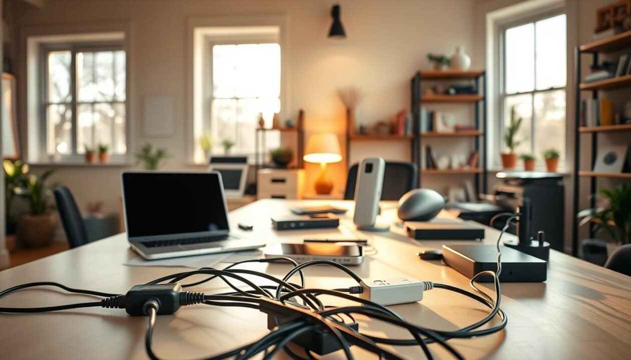 A well-organized and energy-efficient home office with a sleek, modern desk featuring a laptop, smartphone, and various electronic devices. The room is bathed in warm, natural lighting filtered through large windows, creating a productive and inviting atmosphere. In the foreground, an array of electrical cords and power strips are strategically arranged, highlighting the importance of managing and optimizing electrical consumption. The middle ground showcases a selection of energy-efficient appliances, such as a printer, lamp, and charging station, demonstrating practical solutions for reducing power usage. The background features shelves filled with books and décor, complementing the overall aesthetic and creating a harmonious, workspace-oriented environment.