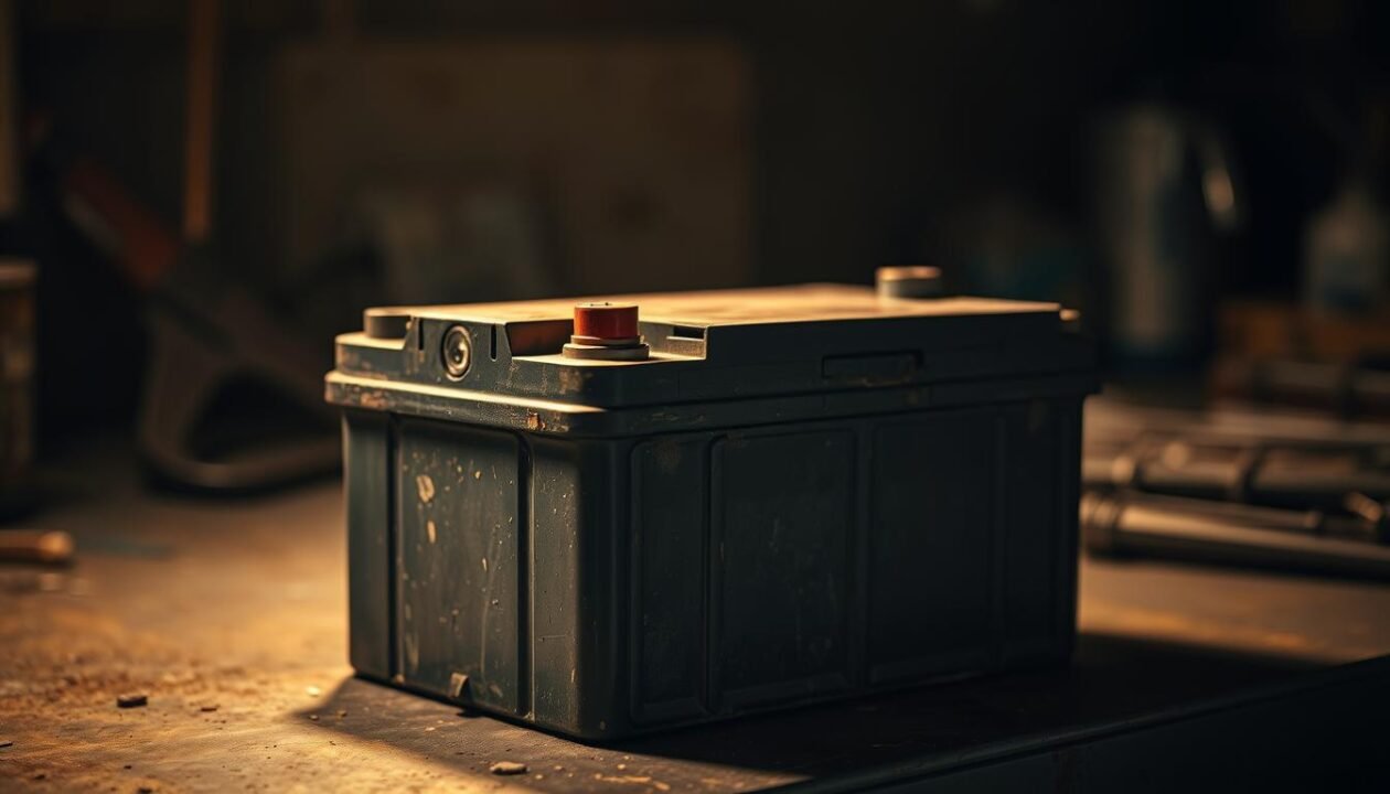 An aged, worn-out car battery sitting on a dimly lit workbench, its terminals emitting a subtle glow. The battery's casing is scuffed and discolored, hinting at its years of service. The background is shrouded in shadows, emphasizing the battery's deteriorating state. Soft, warm lighting illuminates the scene, casting gentle shadows that accentuate the battery's texture and form. The composition is carefully balanced, with the battery centered and occupying a prominent position. The overall mood is one of quiet contemplation, inviting the viewer to consider the signs of a battery's aging process.