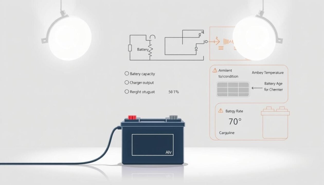 Detailed technical diagram depicting the key factors influencing the charging time of a 12V battery. Crisp, high-resolution engineering illustration with a clean, minimalist aesthetic. Foreground shows the battery, charging cable, and charging rate indicators. Midground highlights the primary factors - battery capacity, charger output, ambient temperature, and battery age/condition. Background features a simplified circuit diagram and battery chemistry details. Bright, neutral lighting illuminates the scene from multiple angles, creating depth and emphasizing the technical nature of the subject. Rendered in a muted color palette to convey an informative, technical tone.
