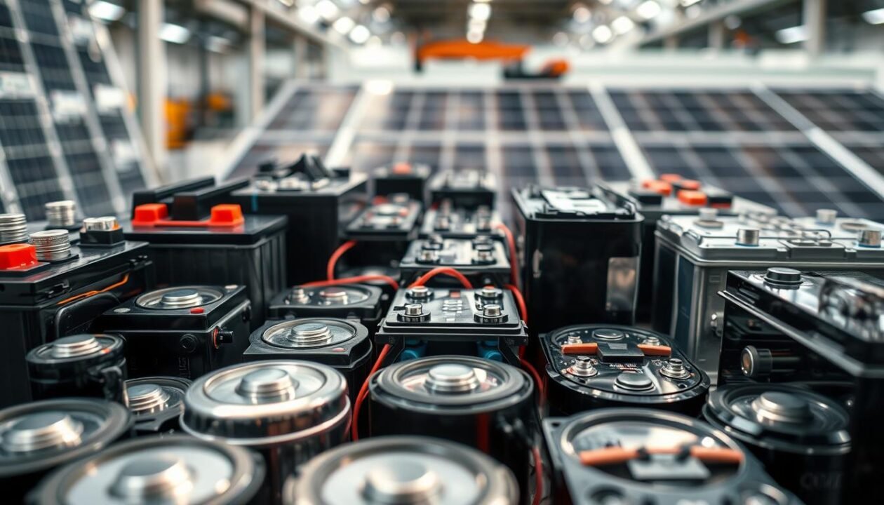 Prompt A detailed close-up view of various types of rechargeable batteries used in solar panels and renewable energy systems. The foreground showcases a diverse array of battery technologies, including lithium-ion, lead-acid, and nickel-metal hydride cells, meticulously captured under natural, evenly diffused lighting. The middle ground highlights the intricate internal structures and components of these batteries, while the background subtly depicts the modern, industrial setting in which they are typically used, conveying a sense of technological sophistication and innovation. The overall composition emphasizes the technological advancements and versatility of renewable energy storage solutions.