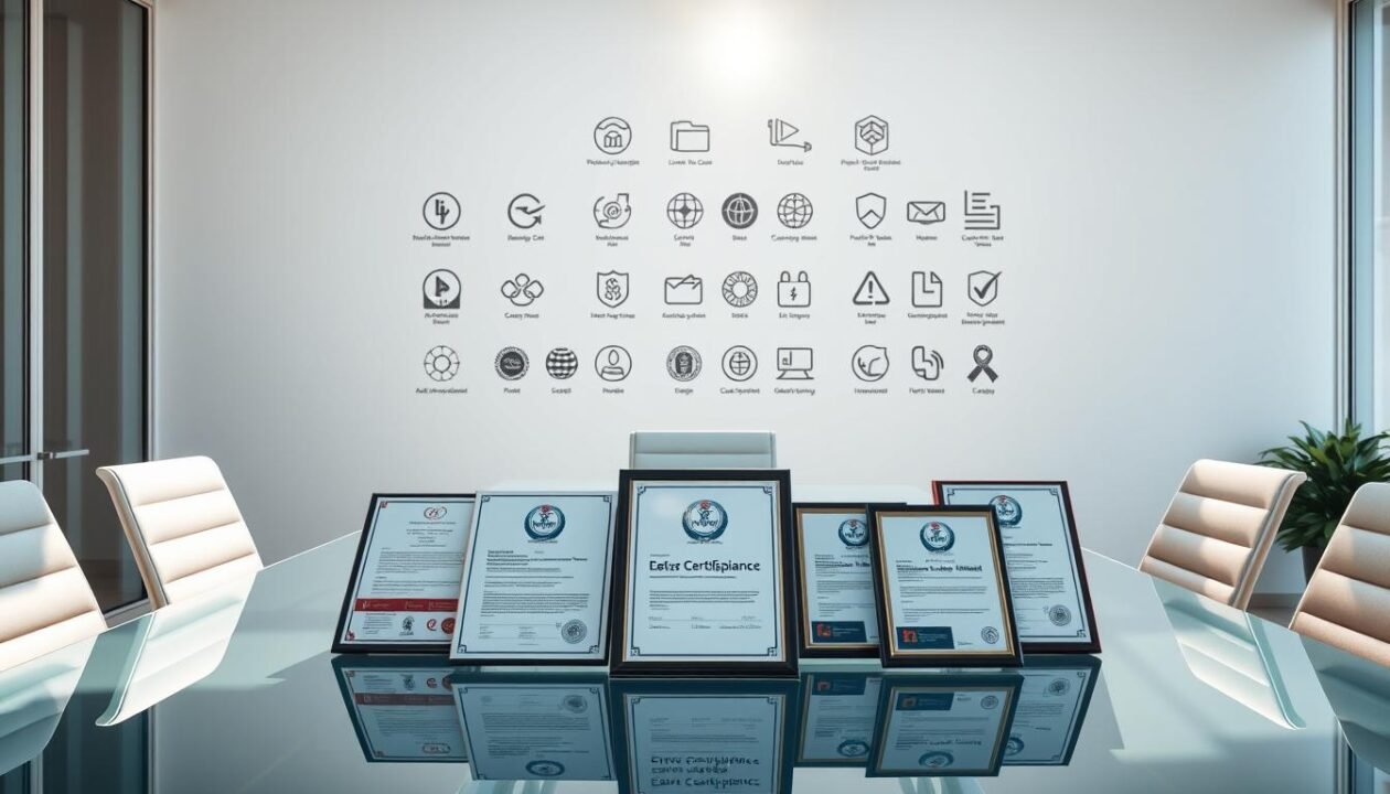 A clean, modern office setting with a sleek glass conference table. In the foreground, an arrangement of professional certification documents and award plaques. Sunlight streams in through large windows, casting a warm glow. On the wall behind, a minimalist display of industry standard icons and symbols, representing various compliance regulations. The atmosphere conveys a sense of authority, expertise, and quality assurance. The overall composition emphasizes the importance of adhering to norms and certifications in a professional context.