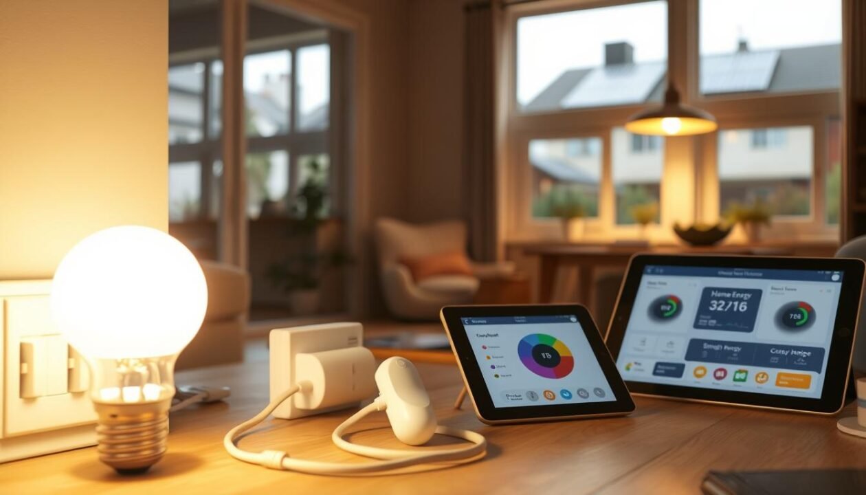 A cozy, well-lit home interior with a focus on energy-saving devices and habits. In the foreground, an energy-efficient light bulb casts a warm glow, surrounded by smart plugs and power strips. The middle ground features a sleek, modern thermostat and a tablet displaying a home energy usage dashboard. In the background, large windows allow natural light to fill the room, while energy-efficient appliances and a solar panel on the roof can be glimpsed. The overall atmosphere is one of calm, effortless sustainability, encouraging the viewer to consider ways to reduce their own electrical consumption.