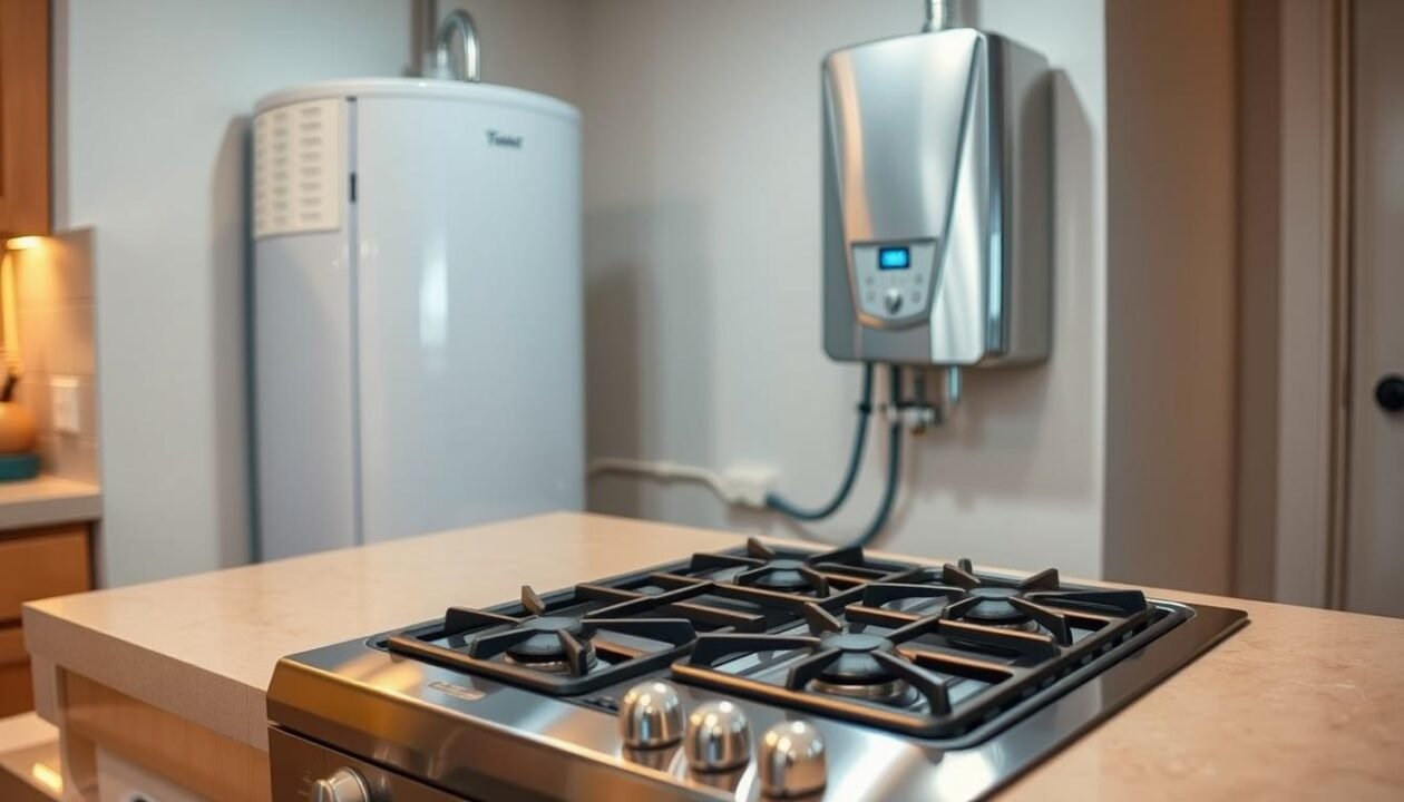 A cozy, well-lit kitchen with a modern gas stove and a sleek water heater in the background. The stove has a shiny steel finish and multiple burners, while the water heater is a gleaming, cylindrical appliance mounted on the wall. Soft, warm lighting illuminates the scene, creating a comforting and inviting atmosphere. The kitchen countertops are made of a light-colored, natural stone, and the floor is covered in a neutral-toned tile. The overall composition emphasizes the relationship between the heating appliances and their role in a home's energy consumption.