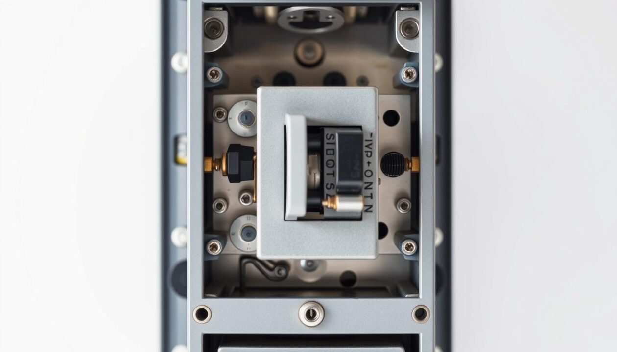 A detailed close-up view of a classic electrical circuit breaker, or "disjoncteur électrique", against a clean, bright background. The circuit breaker is shown with its protective casing open, revealing the intricate internal mechanisms and components. The image captures the technical details and functional nature of the device, with a focus on the various switches, levers, and terminals that make up its design. The lighting is crisp and even, highlighting the metallic surfaces and emphasizing the engineering and precision of the electrical safety equipment. The overall mood is one of technical precision and practical utility, suitable for illustrating a section on the proper handling of power outages.
