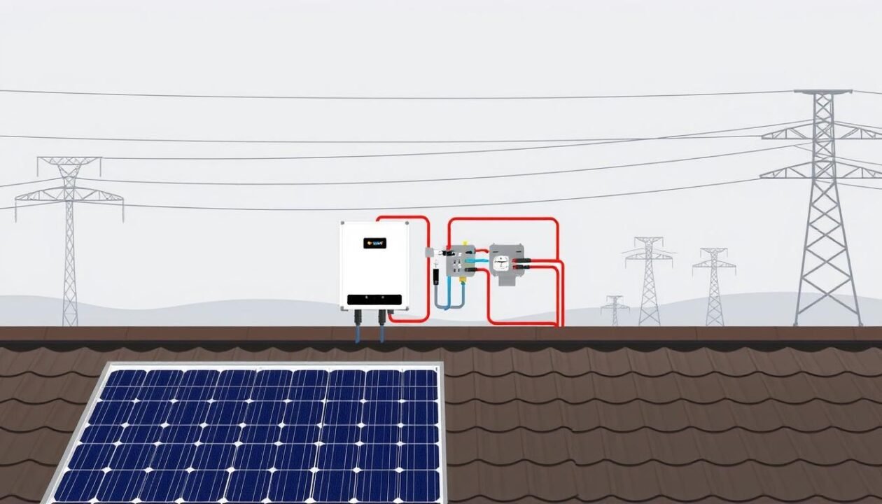 A detailed schematic illustration of a photovoltaic system connection to the electrical grid, showcasing the key components and their interconnections. The scene depicts a residential or commercial rooftop solar panel installation, with the solar panels positioned prominently in the foreground. In the middle ground, the electrical inverter, junction boxes, and other connection hardware are visible, neatly arranged and color-coded. The background features a simplified representation of the power grid, with power lines and utility poles receding into the distance. The overall composition emphasizes the technical aspects of the grid connection process, with clean lines, subtle lighting, and a neutral color palette to convey a sense of precision and functionality. The image should provide a clear and informative visual reference for the "Étapes pour réaliser un schéma de raccordement photovoltaïque autoconsommation" section of the article.