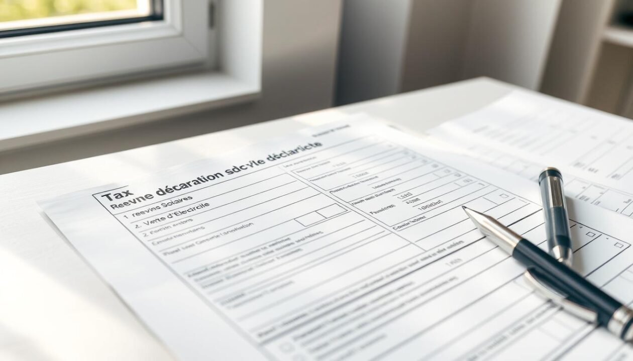 A detailed tax declaration form on a clean white desk, illuminated by soft natural light from a window. The form features carefully filled-out sections for "Revenus Solaires" and "Vente d'Électricité", with neatly organized supporting documents nearby. A professional-looking pen rests next to the form, conveying a sense of careful financial record-keeping. The overall scene exudes an atmosphere of diligence, organization, and responsible tax compliance related to income from solar power generation.