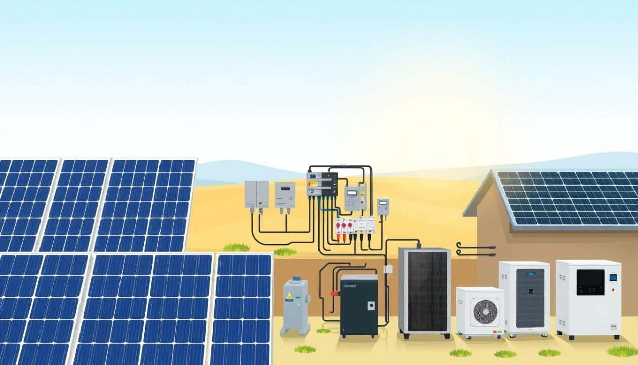 A detailed, technical illustration of the essential components of a photovoltaic installation. The foreground showcases a variety of solar panels, inverters, and electrical equipment in a clean, organized layout. The middle ground depicts the electrical connections and wiring system, with clear visibility of junction boxes, circuit breakers, and safety devices. The background features a simple, minimalist landscape with a bright, sunny sky, casting natural light across the scene. The overall mood is informative and educational, emphasizing the technical aspects of a well-designed photovoltaic system. The image should convey a sense of technical proficiency and visual clarity to support the article's section on the essential components of a photovoltaic installation.