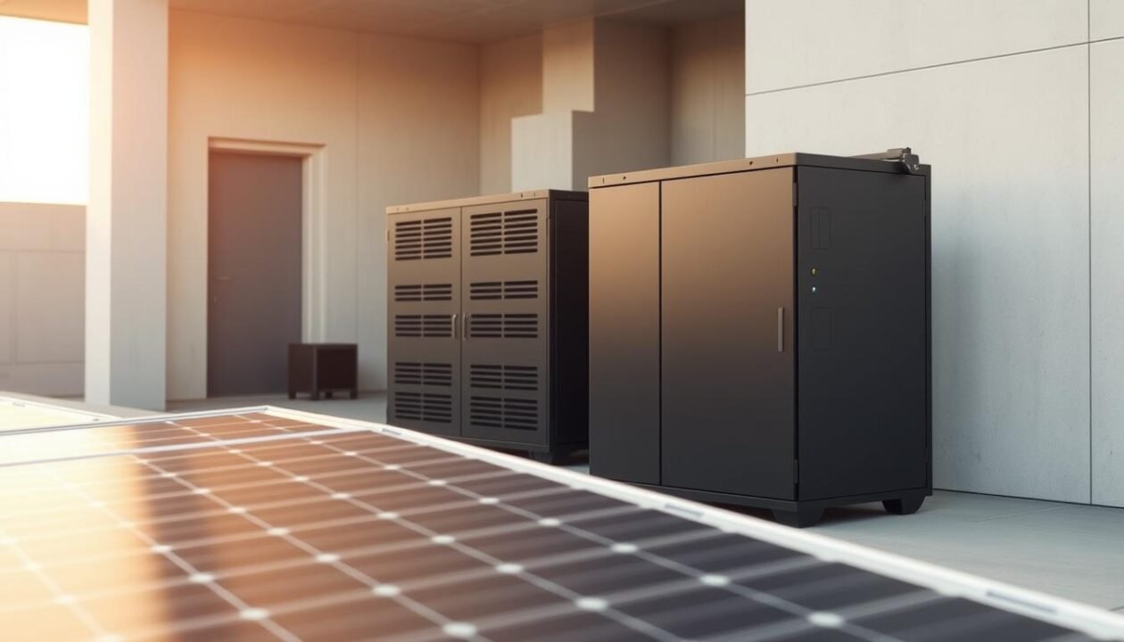 A detailed, technical installation showcasing the power and capabilities of a solar panel and battery system. In the foreground, a well-designed, modern solar panel casts a warm, natural light across the scene. In the middle ground, a high-capacity energy storage battery bank stands proudly, its sleek, industrial design conveying a sense of reliability and efficiency. The background features a minimalist, architectural setting with clean lines and neutral tones, highlighting the technical prowess of the installation. The overall mood is one of sophistication, innovation, and the seamless integration of renewable energy technology into the built environment.