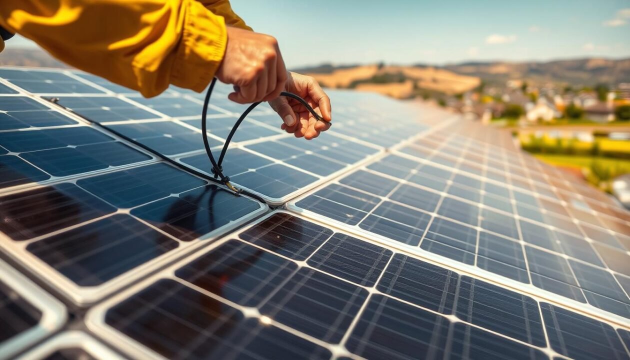 A detailed wide-angle view of a solar panel installation process, showcasing the interconnection of multiple solar panels. The foreground depicts the careful hands of a technician securely fastening the cabling between the solar panels, with the panels' aluminum frames and tempered glass surfaces glistening in the warm, natural sunlight. The middle ground reveals the full array of solar panels, neatly arranged and aligned, casting subtle shadows on the ground below. The background features a picturesque landscape, perhaps a rural setting with rolling hills or a suburban neighborhood, emphasizing the integration of renewable energy into the natural environment. The overall scene conveys a sense of precision, progress, and the responsible adoption of sustainable energy solutions.