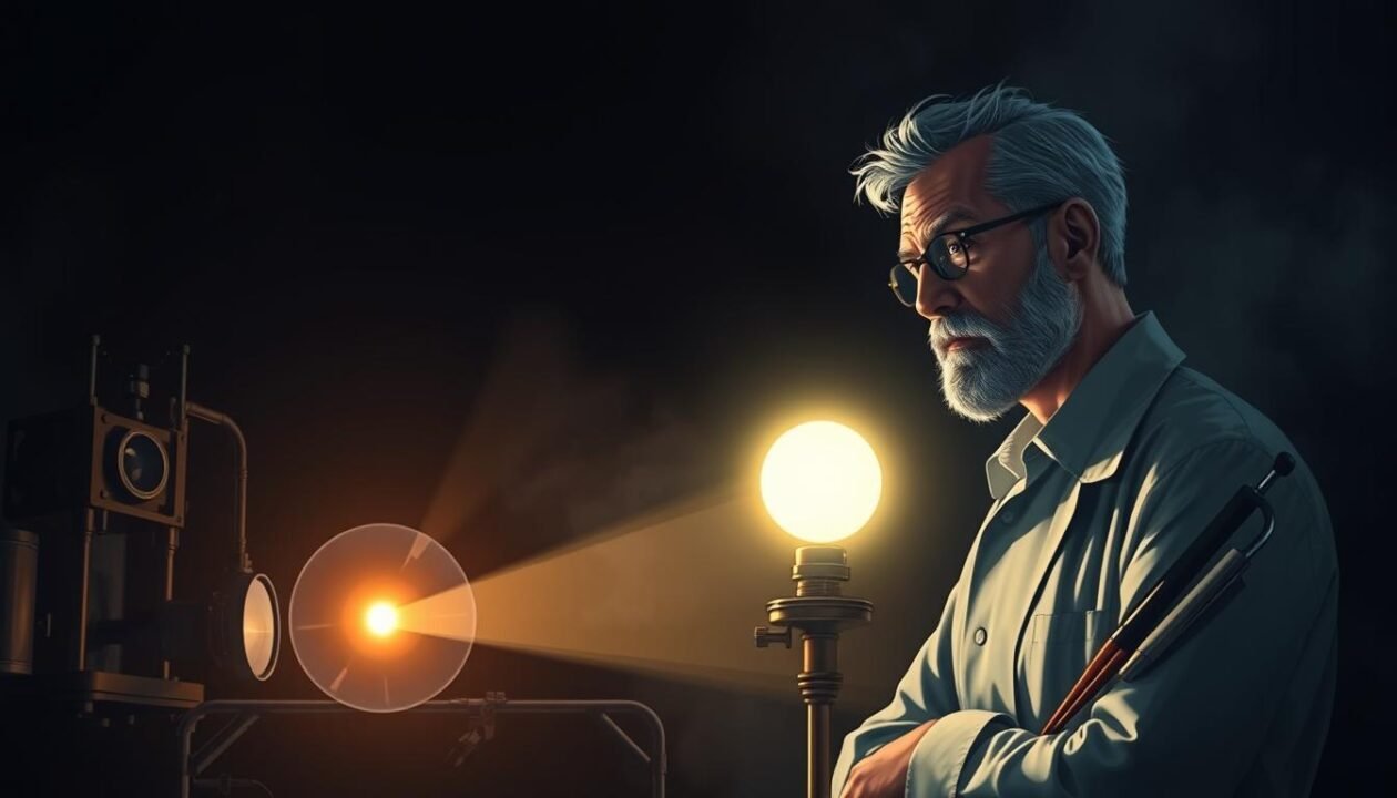 A high-contrast, moody illustration of the historic discovery of the photon. A thoughtful scientist stands in a dimly lit laboratory, his face illuminated by the soft glow of a glowing orb - the photon itself - hovering above an intricate apparatus of lenses and prisms. The background is shrouded in shadows, emphasizing the sense of groundbreaking revelation. The lighting is dramatic, with deep shadows and highlights that accentuate the scientific instruments and the awestruck expression of the researcher. The overall composition conveys a sense of the momentous nature of this crucial development in our understanding of light and the quantum nature of the universe.