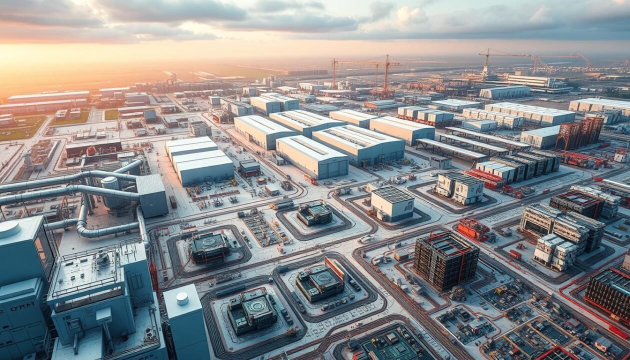 A large-scale semiconductor fabrication facility nestled in a sprawling industrial landscape. The foreground features cutting-edge silicon wafer production equipment, sparkling clean rooms, and workers in pristine clean suits meticulously monitoring the manufacturing process. The middle ground showcases intricate circuit boards, microchips, and electronic components being assembled with robotic precision. In the background, vast warehouses, logistics hubs, and research laboratories hint at the scale and complexity of the semiconductor industry. Warm, diffused lighting casts a futuristic glow, while the overall composition conveys a sense of technological advancement, innovation, and the crucial role semiconductors play in modern electronics and industry.