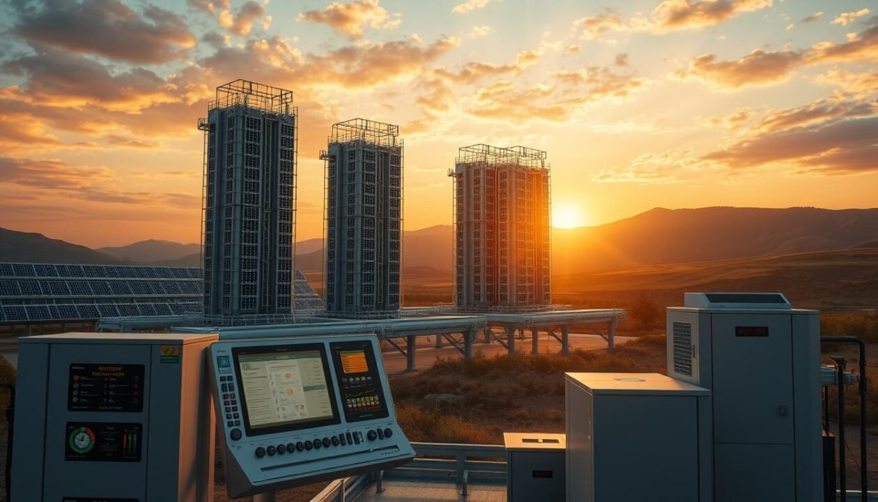 A massive, futuristic battery storage facility standing tall against a backdrop of rolling hills and a vibrant sunset sky. The towering, silver-gray structures are adorned with intricate solar panel arrays, casting a warm, golden glow across the scene. In the foreground, sleek, high-tech control modules and interfaces offer a glimpse into the sophisticated management system that orchestrates the storage and distribution of the harvested solar energy. The overall atmosphere is one of technological innovation, clean energy, and a harmonious coexistence between nature and advanced infrastructure, perfectly capturing the essence of the "EVVE" virtual battery project.
