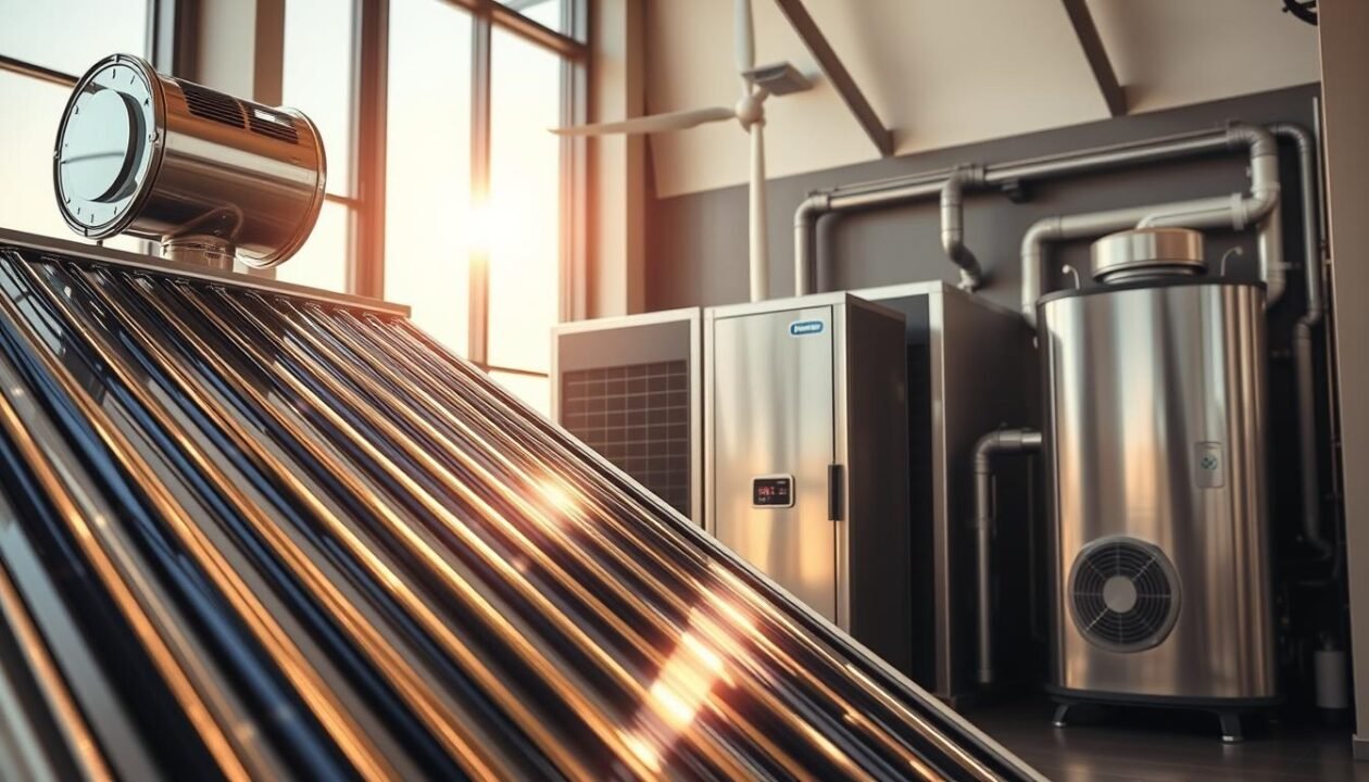A modern, well-lit interior showcasing various thermal systems. In the foreground, a sleek solar water heater with reflective panels captures the sun's rays. In the middle ground, a high-efficiency furnace and a heat pump system stand side-by-side, their metallic casings gleaming. The background features a towering wind turbine, its blades slowly turning, harnessing the power of the elements. The overall scene conveys a sense of technological sophistication and sustainable energy solutions, perfectly aligned with the subject of the article.