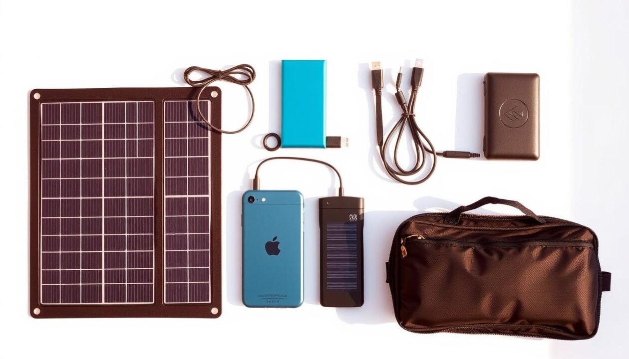 A neatly arranged assortment of essential solar accessories, including a compact solar panel, a portable power bank, a charging cable, and a sturdy carrying case. The scene is set against a minimalist white background, allowing the products to take center stage. Warm, natural lighting casts soft shadows, emphasizing the sleek, modern design of the items. The overall composition conveys a sense of practicality and efficiency, perfectly capturing the theme of an indispensable solar kit for camping enthusiasts.
