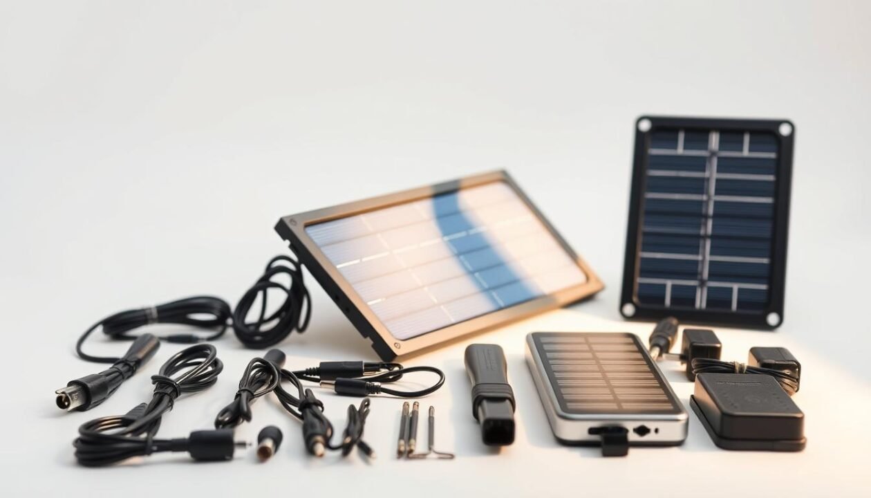 A neatly arranged display of essential accessories for a solar power bank, captured in a clean, well-lit studio setting. In the foreground, a sleek, modern solar power bank rests alongside a variety of compatible cables, adapters, and connectors. In the middle ground, a small portable solar panel leans against the power bank, its surface reflecting the warm, natural lighting. In the background, a minimalist white backdrop creates a sense of simplicity and focus on the functional items. The overall mood is one of practicality, efficiency, and attention to detail, conveying the idea of a thoughtfully curated set of useful accessories for a solar power solution.
