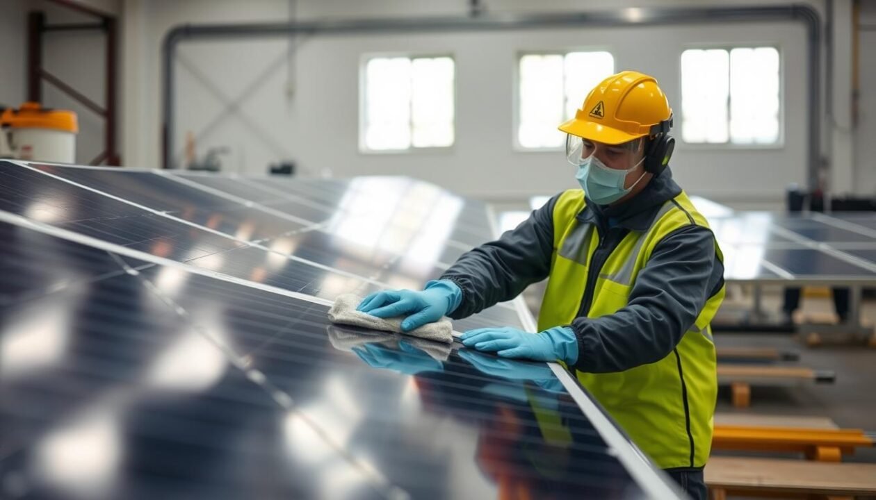 A neatly organized solar panel cleaning workspace, with a worker in protective gear carefully wiping down the panels with a microfiber cloth. The background features a clean, bright, and well-lit environment, with a hint of natural lighting filtering through nearby windows. The scene conveys a sense of safety, attention to detail, and a methodical approach to the task at hand. The worker's posture and tools suggest a thorough and efficient cleaning process, ensuring the optimal performance of the solar panels.