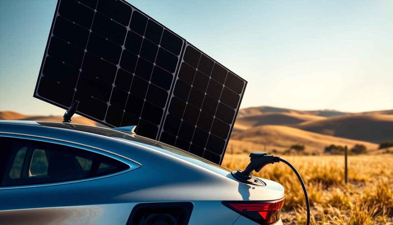 A photovoltaic solar installation for an electric vehicle, positioned prominently in the foreground. The panels are sleek and modern, with a matte black finish that contrasts sharply against the glossy, metallic body of the car. The layout is carefully designed, with the panels angled to maximize sun exposure and the charging port easily accessible. The scene is bathed in warm, golden light, creating a sense of efficiency and sustainability. In the background, a serene landscape with rolling hills and a clear blue sky sets the stage for this innovative renewable energy solution.