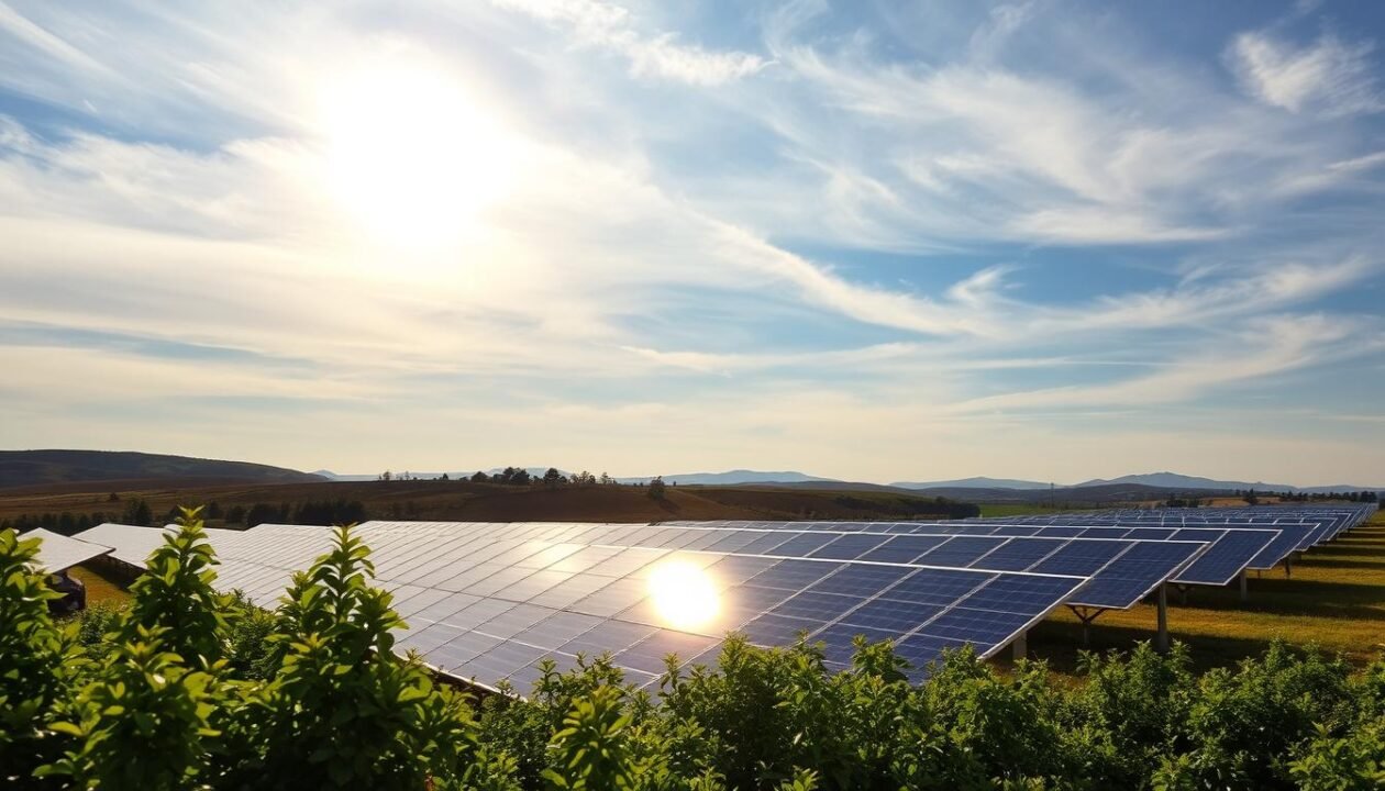 A picturesque solar farm nestled in a rolling countryside, with rows of gleaming photovoltaic panels basking in the warm glow of the sun. The sky is a serene blue, dotted with wispy clouds, creating an ideal balance of direct and diffused lighting to maximize energy production. The panels are strategically oriented to catch the sun's rays at the optimal angle, their surfaces angled perfectly to harness the maximum possible solar energy. In the foreground, lush green vegetation frames the scene, while in the distance, a horizon of gently sloping hills creates a tranquil and harmonious landscape. The overall mood is one of efficiency, sustainability, and the harmonious integration of renewable energy technology within the natural environment.