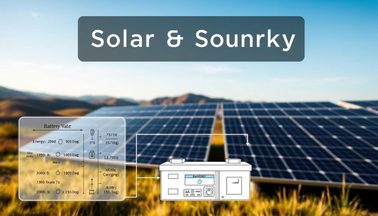 A serene solar panel array set against a backdrop of rolling hills and a clear blue sky. In the foreground, a detailed schematic diagram showcases the various energy needs and consumption levels of a household, with precise measurements and calculations. The middle ground features a battery bank, its charging status and storage capacity clearly visible. Warm, natural lighting bathes the scene, creating a sense of harmony between technology and the environment. The overall composition conveys a thoughtful, analytical approach to evaluating one's energy requirements and finding the optimal solar and battery solutions.