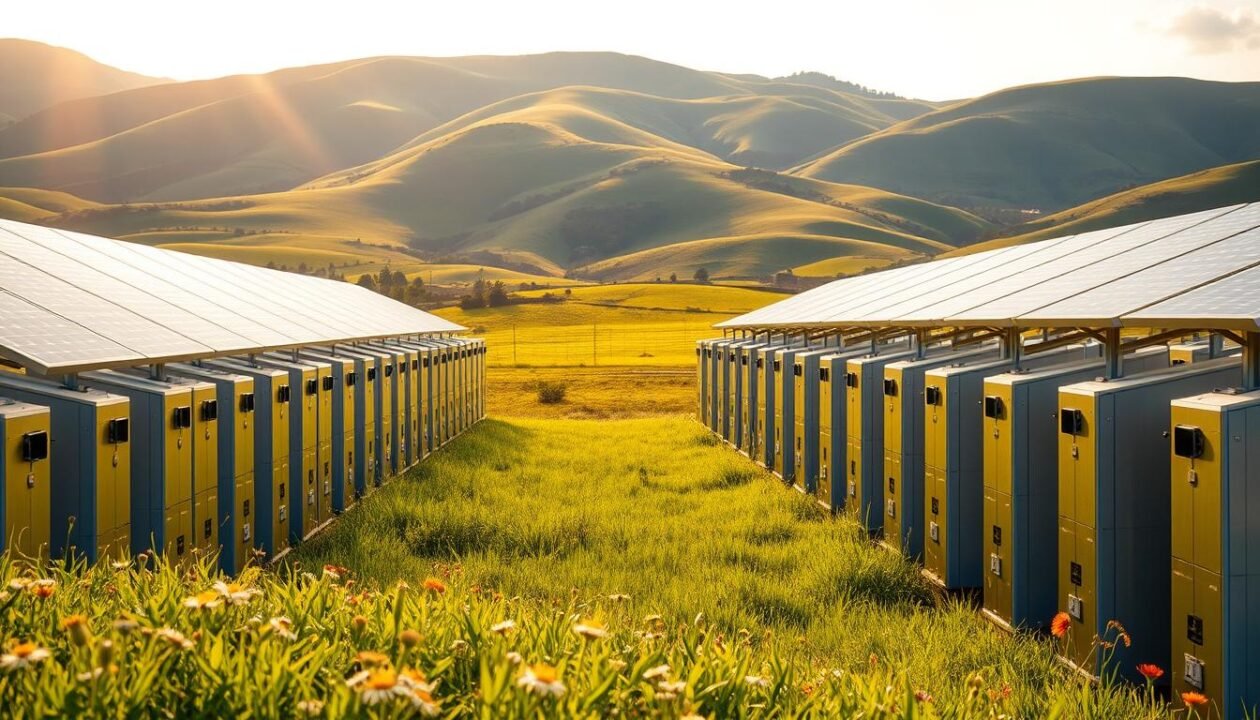A stunning solar energy storage facility set against a picturesque landscape. In the foreground, sleek solar batteries stand in rows, their metallic casings gleaming under warm, golden sunlight. Cascading solar panels cover the rooftops, capturing the abundant energy of the sun. In the middle ground, a serene, lush green meadow stretches out, dotted with wildflowers swaying gently in the breeze. The background features rolling hills, their verdant slopes framing the scene with a sense of tranquility. The overall atmosphere conveys the advantages of solar energy storage - clean, renewable power harnessed in harmony with the natural environment. A stunning solar energy storage facility set against a picturesque landscape. In the foreground, sleek solar batteries stand in rows, their metallic casings gleaming under warm, golden sunlight. Cascading solar panels cover the rooftops, capturing the abundant energy of the sun. In the middle ground, a serene, lush green meadow stretches out, dotted with wildflowers swaying gently in the breeze. The background features rolling hills, their verdant slopes framing the scene with a sense of tranquility. The overall atmosphere conveys the advantages of solar energy storage - clean, renewable power harnessed in harmony with the natural environment.
