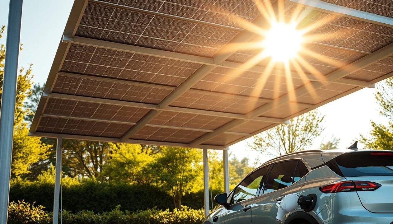 A sun-dappled carport, its solar panels catching the golden rays of the day. The carport's clean, minimalist design features sleek metal beams and a gently sloping roof, blending seamlessly into the surrounding landscape. In the foreground, a modern electric vehicle is parked, its battery charging from the renewable energy harnessed above. The background showcases a lush, verdant setting, with trees and shrubbery framing the scene. The lighting is soft and natural, casting warm shadows and highlights across the carport's surfaces. The overall atmosphere is one of sustainability, efficiency, and harmony between technology and nature.