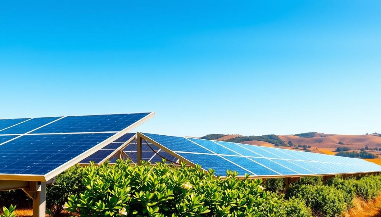 A sun-drenched landscape featuring a row of sleek, modern solar panels in the foreground. The panels are mounted on sturdy frames, their glossy black surfaces catching the warm light. In the middle ground, lush green foliage frames the scene, hinting at a serene, rural setting. The background is filled with rolling hills and a clear, azure sky, creating a sense of tranquility and harmony between the natural and technological elements. The composition is balanced, with the solar panels taking center stage, conveying a sense of efficiency and progress. The overall tone is one of clean, sustainable energy, capturing the essence of the "Les types de panneaux solaires éligibles" section.