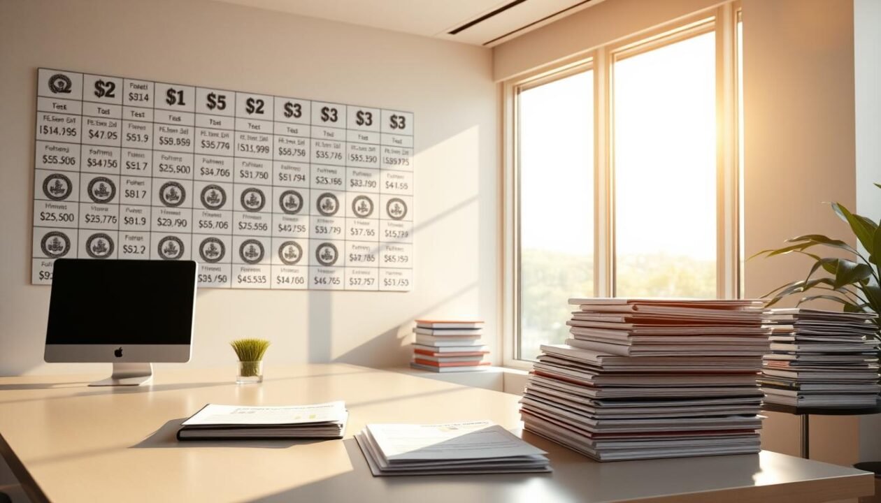 A sunlit room with a large window, casting warm, natural light across a wall featuring a grid-like display of financial figures and government emblems. The foreground showcases a clean, minimalist table with a computer and various financial documents. The middle ground highlights carefully arranged stacks of paperwork and binders, conveying a sense of diligent organization. In the background, a modern, sleek office environment with clean lines and muted colors creates a professional, yet inviting atmosphere. The overall scene evokes a sense of financial planning, government assistance programs, and the complexities of renewable energy incentives.