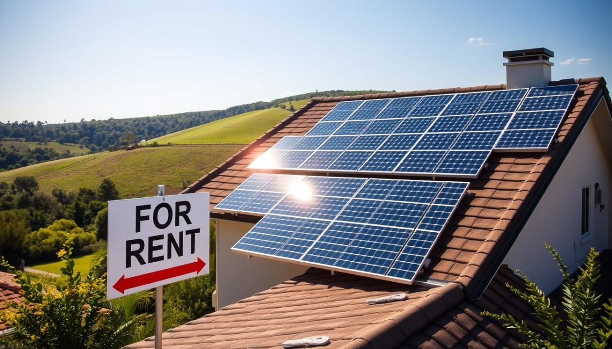 A sunny residential rooftop with solar panels installed, capturing the impact on property value. In the foreground, a "For Rent" sign stands prominently, drawing attention to the home's energy-efficient features. The middle ground showcases the well-maintained solar array, its sleek panels gleaming in the warm light. In the background, a rolling landscape of lush greenery provides a serene, natural backdrop. The composition evokes a sense of modern, sustainable living, highlighting how renewable energy can positively influence a property's desirability and rental value. Captured with a wide-angle lens to emphasize the integrated design, the image conveys the harmonious fusion of solar technology and residential architecture.
