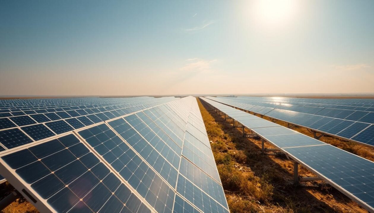 A vast solar field stretches across a sun-drenched landscape, row upon row of sleek, glistening photovoltaic panels angled towards the radiant sky. The panels, each a marvel of modern engineering, capture the sun's energy with precision and efficiency, converting it into clean, renewable electricity. In the foreground, the panels appear sharp and detailed, their metallic frames and glossy surfaces reflecting the warm, golden light. Moving back, the field recedes into the distance, the panels arranged in a geometric pattern that creates a sense of depth and scale. The background features a hazy, atmospheric horizon, with a few wispy clouds drifting overhead, adding to the serene and tranquil mood of the scene.