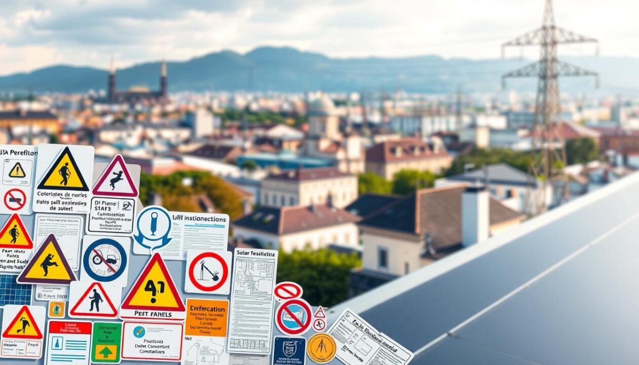 A well-lit, detailed illustration of various safety and regulatory symbols, signage, and icons representing the rules, codes, and legal requirements for solar panel installations in France. The foreground features a collage of hazard symbols, certification marks, and construction/electrical diagrams. The middle ground shows architectural blueprints, permit documents, and technical schematics. The background depicts a soft-focus cityscape with government buildings and power grid infrastructure. The overall composition conveys the complex web of norms, standards, and regulations that must be navigated when connecting solar panels to the national grid.