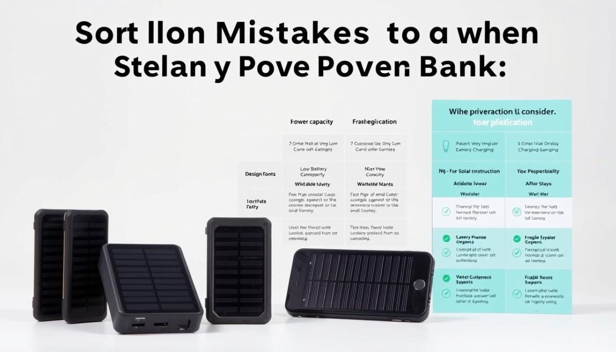 A well-lit, high-quality studio photograph of several common mistakes to avoid when purchasing a solar power bank. The foreground features a selection of solar power banks with various design flaws, such as low battery capacity, incompatible charging ports, and fragile construction. The middle ground showcases a detailed comparison of the key specifications to consider, presented in a clean, infographic-style layout. The background blends a soft, neutral gradient to keep the focus on the products and information. The overall scene conveys a sense of educational guidance, empowering the viewer to make an informed solar power bank purchase.