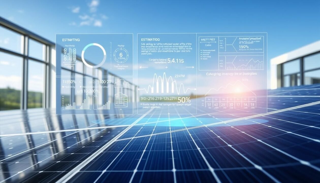 A well-lit, meticulously detailed solar panel installation, capturing the intricate calculations involved in optimizing its production. The foreground showcases a solar panel array, its glossy black surfaces reflecting the sky above. In the middle ground, a holographic display projects complex algorithms and data visualizations, illustrating the technical process of estimating solar energy output based on factors like weather patterns, panel orientation, and seasonal variations. The background features a serene, minimalist office setting, with large windows allowing natural light to flood the space, complementing the clean, futuristic aesthetic. The overall mood is one of precision, innovation, and a deep understanding of the science behind renewable energy generation.