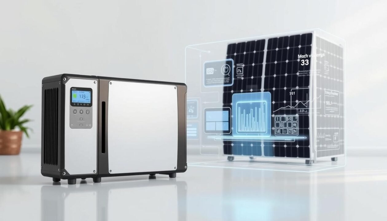 Comparaison of a physical solar battery and a virtual energy storage system. In the foreground, a sleek, modern physical battery pack with metallic accents and a digital display. In the middle ground, a holographic representation of a virtual energy storage system, with data visualizations and digital interfaces. The background features a clean, minimalist setting with hints of natural light, reflecting the sustainable nature of solar energy storage. The composition emphasizes the contrast between the tangible and the digital, creating a sense of balance and integration between the physical and virtual realms of solar energy storage solutions. Comparaison of a physical solar battery and a virtual energy storage system. In the foreground, a sleek, modern physical battery pack with metallic accents and a digital display. In the middle ground, a holographic representation of a virtual energy storage system, with data visualizations and digital interfaces. The background features a clean, minimalist setting with hints of natural light, reflecting the sustainable nature of solar energy storage. The composition emphasizes the contrast between the tangible and the digital, creating a sense of balance and integration between the physical and virtual realms of solar energy storage solutions.