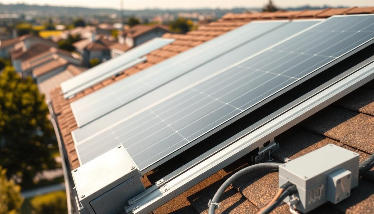 Detailed close-up of a residential solar panel installation, showcasing the panels mounted on the roof with a clear view of the installation and wiring setup. The panels are sleek, modern, and flush-mounted, creating a seamless aesthetic integration with the roofline. The scene is bathed in warm, natural sunlight, emphasizing the renewable energy potential. In the foreground, the conduits and electrical boxes are visible, highlighting the technical aspects of the installation. The background features a slightly blurred suburban landscape, providing context without distracting from the primary subject. The overall mood is one of efficiency, sustainability, and attention to detail in the solar panel installation process.
