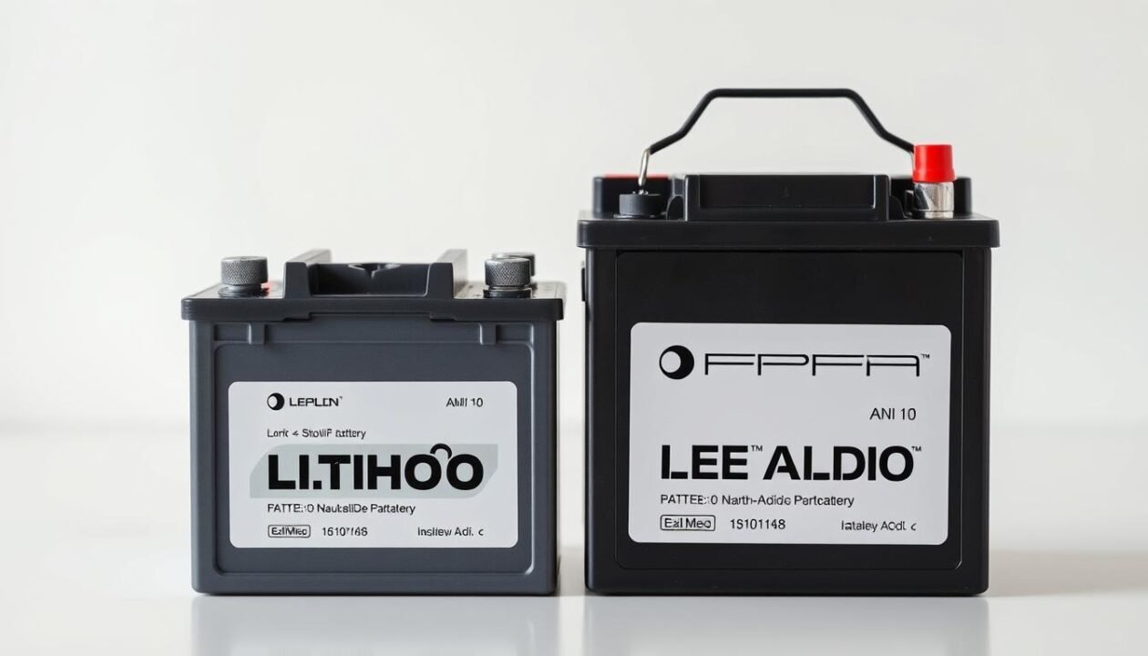 Detailed comparison of lithium and lead-acid batteries on a clean, minimalist backdrop. Showcase the physical differences in size, shape, and construction of each battery type, with a clear visual emphasis on the contrasting materials and internal components. Utilize natural lighting and a shallow depth of field to create a crisp, professional product photography aesthetic. Convey the technical nuances and performance characteristics that distinguish these two energy storage solutions through carefully selected angles and perspectives. The overall mood should be informative, technical, and visually engaging to support the comparative analysis in the article.
