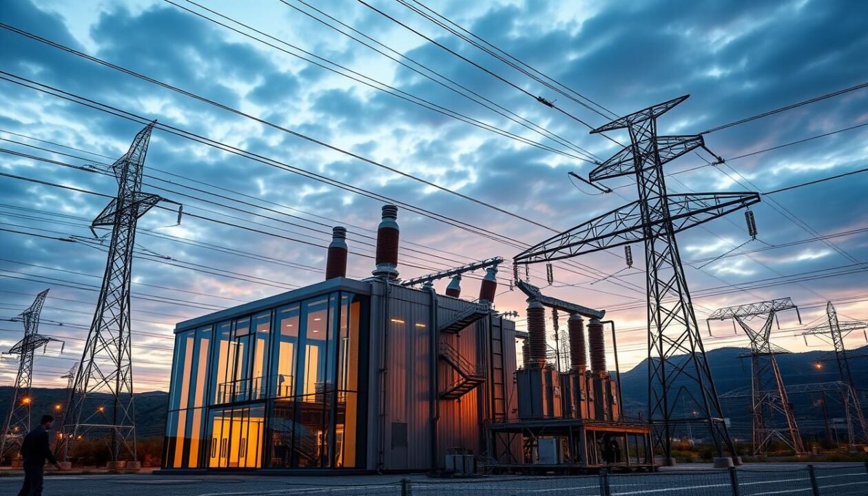 Puissance électrique: a high-voltage electrical substation, with towering pylons and transformers against a dramatic sky. The foreground features a sleek, modern control center, its glass facade reflecting the surrounding power grid. Warm lighting illuminates the interior, suggesting the constant flow of energy. In the middle ground, intricate wiring and conductors criss-cross, conveying a sense of complex, interconnected systems. The background features a vast, hilly landscape, hinting at the sprawling infrastructure required to distribute electricity. An overall atmosphere of technological prowess, reliability, and the vital importance of a robust electrical network.