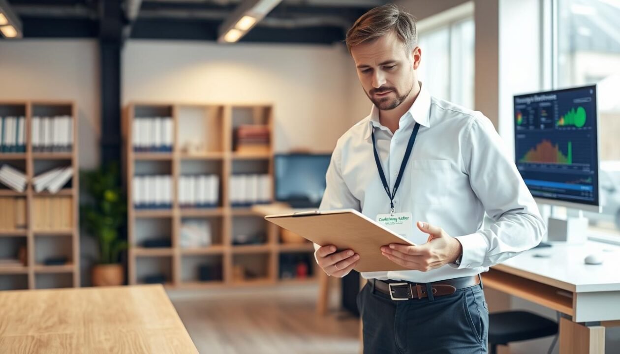 A certified energy auditor standing in a well-lit, modern office space, wearing a white collared shirt, dark slacks, and a professional-looking name badge. The auditor is holding a clipboard and examining energy efficiency documentation, with a thoughtful expression on their face. In the background, there are shelves of reference materials and a computer monitor displaying energy efficiency data. The scene conveys a sense of expertise, diligence, and the importance of the auditor's role in helping homeowners understand their property's energy performance.