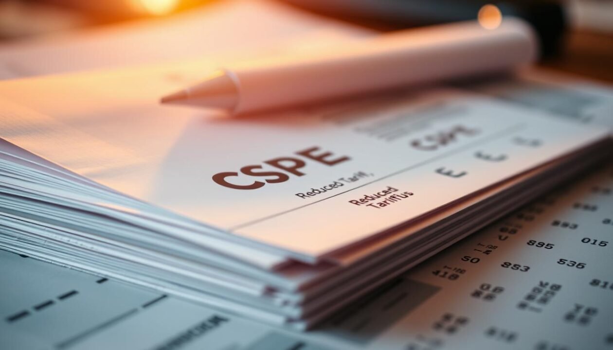 A close-up shot of a stack of financial documents, illuminated by warm, soft lighting. The papers feature a prominent "CSPE" logo and various numerical values, conveying the idea of reduced tariffs or rates. The depth of field is shallow, focusing the viewer's attention on the key details. The overall mood is one of professional, financial documentation, with a sense of precision and attention to detail. The background is softly blurred, allowing the central documents to be the clear focal point. A close-up shot of a stack of financial documents, illuminated by warm, soft lighting. The papers feature a prominent "CSPE" logo and various numerical values, conveying the idea of reduced tariffs or rates. The depth of field is shallow, focusing the viewer's attention on the key details. The overall mood is one of professional, financial documentation, with a sense of precision and attention to detail. The background is softly blurred, allowing the central documents to be the clear focal point.