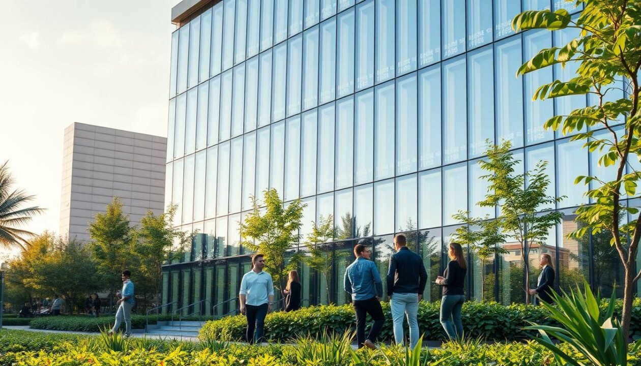 A corporate office building with sleek modern architecture, surrounded by lush greenery and solar panels seamlessly integrated into the facade. In the foreground, employees engaged in collaborative discussions, highlighting the company's commitment to sustainable practices. Warm, natural lighting filters through the glass walls, creating a welcoming, eco-friendly atmosphere. The scene conveys a sense of harmony between technological innovation and environmental responsibility, reflecting the ethos of the "Intégration RSE" concept. A corporate office building with sleek modern architecture, surrounded by lush greenery and solar panels seamlessly integrated into the facade. In the foreground, employees engaged in collaborative discussions, highlighting the company's commitment to sustainable practices. Warm, natural lighting filters through the glass walls, creating a welcoming, eco-friendly atmosphere. The scene conveys a sense of harmony between technological innovation and environmental responsibility, reflecting the ethos of the "Intégration RSE" concept.