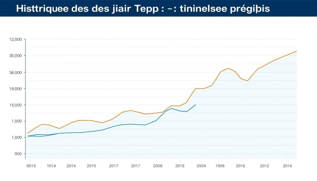 A detailed graph depicting the historical trends and future projections of Tempo tariff days. Set against a soft, muted background, the graph presents a clear, data-driven visualization, showcasing the ebb and flow of Tempo days over the years. The lines and curves are rendered with precision, conveying a sense of analytical rigor. The color palette is restrained, allowing the data to take center stage, while subtle gridlines and axis labels provide necessary context. The overall composition strikes a balance between informative clarity and aesthetic elegance, perfectly suited to illustrate the "Historique des jours Tempo : tendances et prévisions" section of the article.