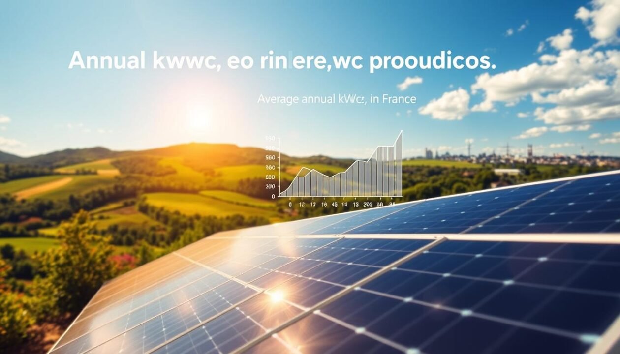 A detailed illustration of the annual kWc production in France, showcasing a picturesque landscape with rolling hills, vibrant greenery, and a clear blue sky. In the foreground, a sleek, modern solar panel array stands prominently, its shimmering surface capturing the warm, golden sunlight. The middle ground features a graph or chart visualizing the average annual kWc production, presented in a clean, informative manner. In the background, a cityscape or industrial setting symbolizes the broader energy infrastructure and the integration of solar power into the national grid. The scene is captured through a wide-angle lens, conveying a sense of scale and the interconnected nature of renewable energy production in France. A detailed illustration of the annual kWc production in France, showcasing a picturesque landscape with rolling hills, vibrant greenery, and a clear blue sky. In the foreground, a sleek, modern solar panel array stands prominently, its shimmering surface capturing the warm, golden sunlight. The middle ground features a graph or chart visualizing the average annual kWc production, presented in a clean, informative manner. In the background, a cityscape or industrial setting symbolizes the broader energy infrastructure and the integration of solar power into the national grid. The scene is captured through a wide-angle lens, conveying a sense of scale and the interconnected nature of renewable energy production in France.