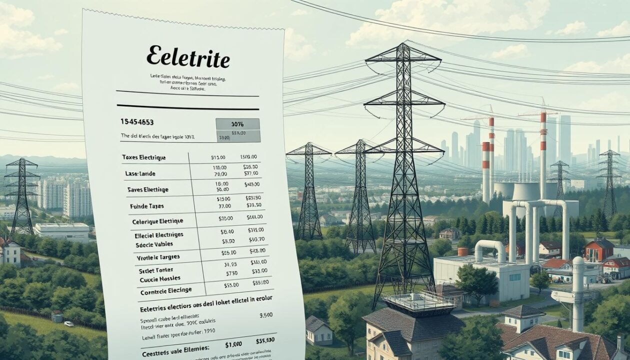 A detailed, meticulously-rendered illustration of the various taxes and charges levied on electricity bills. In the foreground, a large electricity bill with line items for "Taxes Electrique" and other government-imposed fees, rendered in a realistic, high-resolution style. The midground features a power grid, electric pylons, and a power plant, all depicted in a muted, industrial color palette to convey the technical nature of the subject. The background shows a cityscape, with skyscrapers and residential buildings, hinting at the broader context of energy consumption and policy. The overall mood is informative and serious, with a focus on accurate, technical depiction of the topic.
