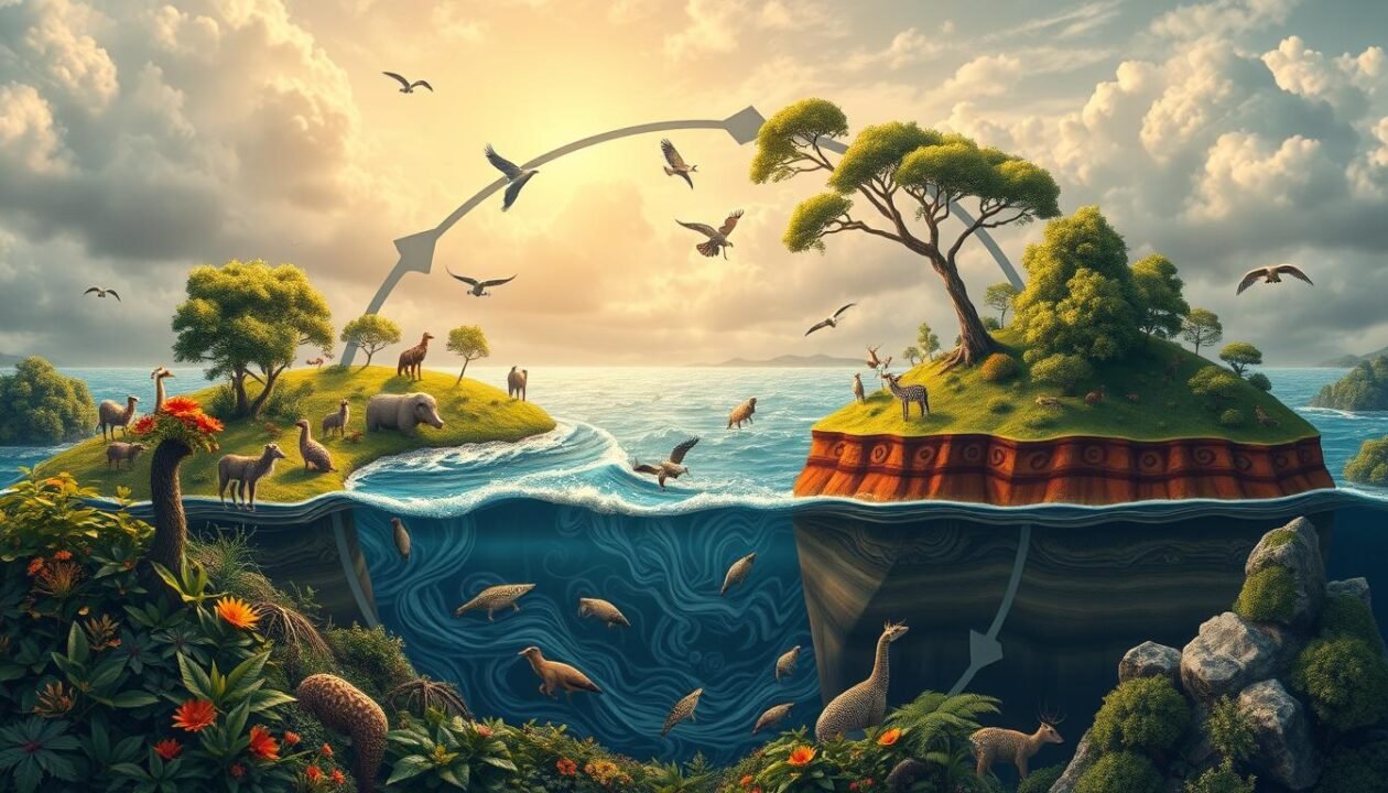 A detailed, photo-realistic illustration of the carbon cycle, depicting the complex flow of carbon between the Earth's atmosphere, biosphere, hydrosphere, and lithosphere. In the foreground, show the absorption and release of carbon dioxide by plants and animals, with vibrant foliage and diverse wildlife. In the middle ground, visualize the transfer of carbon through oceans, rivers, and soil, with swirling currents and layers of sediment. In the background, include the geological processes of weathering, erosion, and sedimentation, showcasing the long-term storage of carbon in rocks and fossil fuels. Capture the cyclical nature of the system with a sense of balance and interconnectedness, using a warm, earthy color palette and soft, natural lighting to convey the elegance and importance of this fundamental biogeochemical process.
