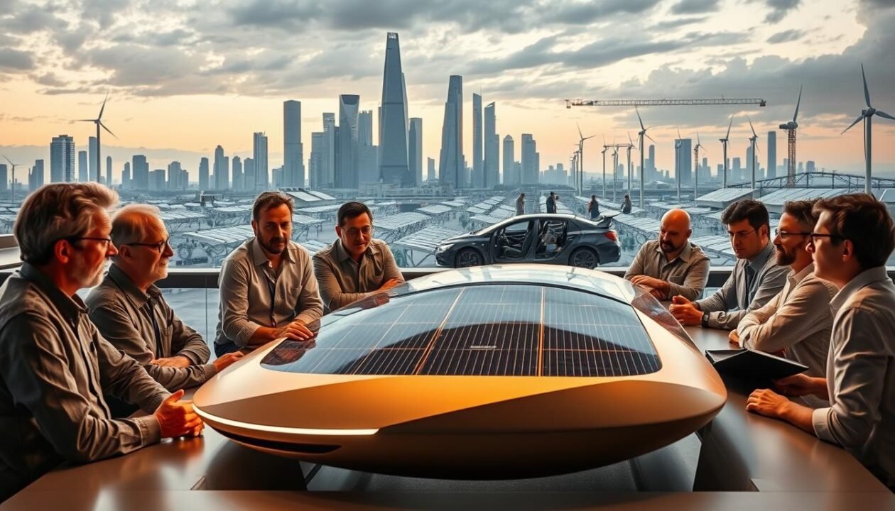 A group of key industry players in the solar car market, captured in a realistic, high-quality cinematic portrait. In the foreground, a panel of experts sit around a conference table, engaged in discussion, their faces illuminated by warm, directional lighting. In the middle ground, engineers and technicians work on a sleek, solar-powered vehicle, the vehicle's clean lines and cutting-edge design highlighted. In the background, a futuristic cityscape with towering skyscrapers and renewable energy infrastructure sets the stage. The overall atmosphere is one of innovation, collaboration, and the collective drive to push the boundaries of sustainable mobility. A group of key industry players in the solar car market, captured in a realistic, high-quality cinematic portrait. In the foreground, a panel of experts sit around a conference table, engaged in discussion, their faces illuminated by warm, directional lighting. In the middle ground, engineers and technicians work on a sleek, solar-powered vehicle, the vehicle's clean lines and cutting-edge design highlighted. In the background, a futuristic cityscape with towering skyscrapers and renewable energy infrastructure sets the stage. The overall atmosphere is one of innovation, collaboration, and the collective drive to push the boundaries of sustainable mobility.