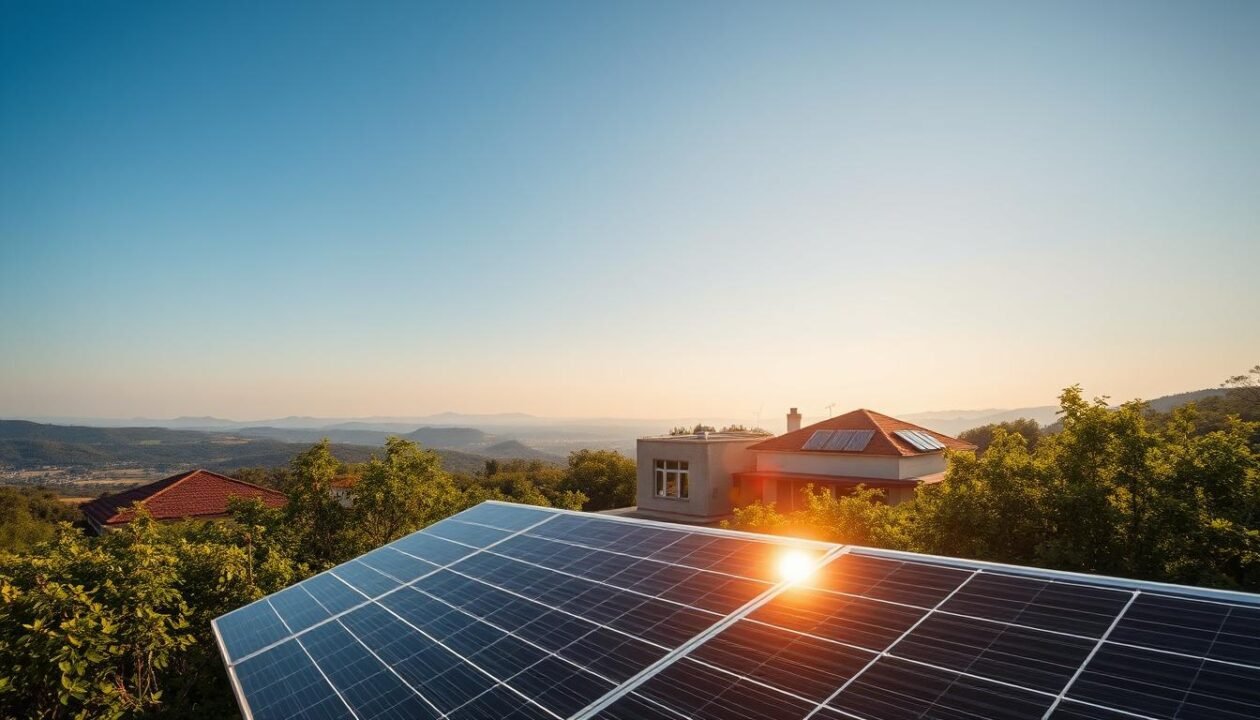 A large, gleaming solar panel array stands prominently in the foreground, its sleek black surface catching the warm, golden sunlight. In the middle ground, a modern, energy-efficient home nestles amidst lush, verdant foliage, its rooftop dotted with additional solar panels. The background features a panoramic vista of rolling hills and a clear, blue sky, conveying a sense of renewable, sustainable energy in harmony with the natural environment. The overall scene radiates a feeling of clean, renewable power, efficiency, and environmental consciousness. A large, gleaming solar panel array stands prominently in the foreground, its sleek black surface catching the warm, golden sunlight. In the middle ground, a modern, energy-efficient home nestles amidst lush, verdant foliage, its rooftop dotted with additional solar panels. The background features a panoramic vista of rolling hills and a clear, blue sky, conveying a sense of renewable, sustainable energy in harmony with the natural environment. The overall scene radiates a feeling of clean, renewable power, efficiency, and environmental consciousness.