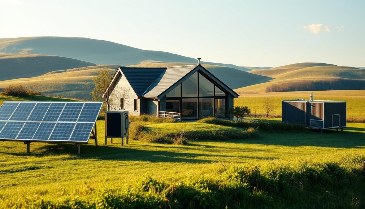 A modern, eco-friendly home nestled in a serene countryside landscape. The foreground features an array of renewable heating solutions, including solar thermal panels, a ground-source heat pump, and a biomass boiler, all seamlessly integrated into the home's architecture. The middle ground showcases a well-insulated, energy-efficient house with large windows that flood the interior with natural light. In the background, rolling hills and a clear sky create a tranquil, off-the-grid atmosphere. The lighting is soft and diffused, highlighting the harmonious blend of technology and nature. The overall scene conveys a sense of self-sufficiency, comfort, and environmental consciousness.