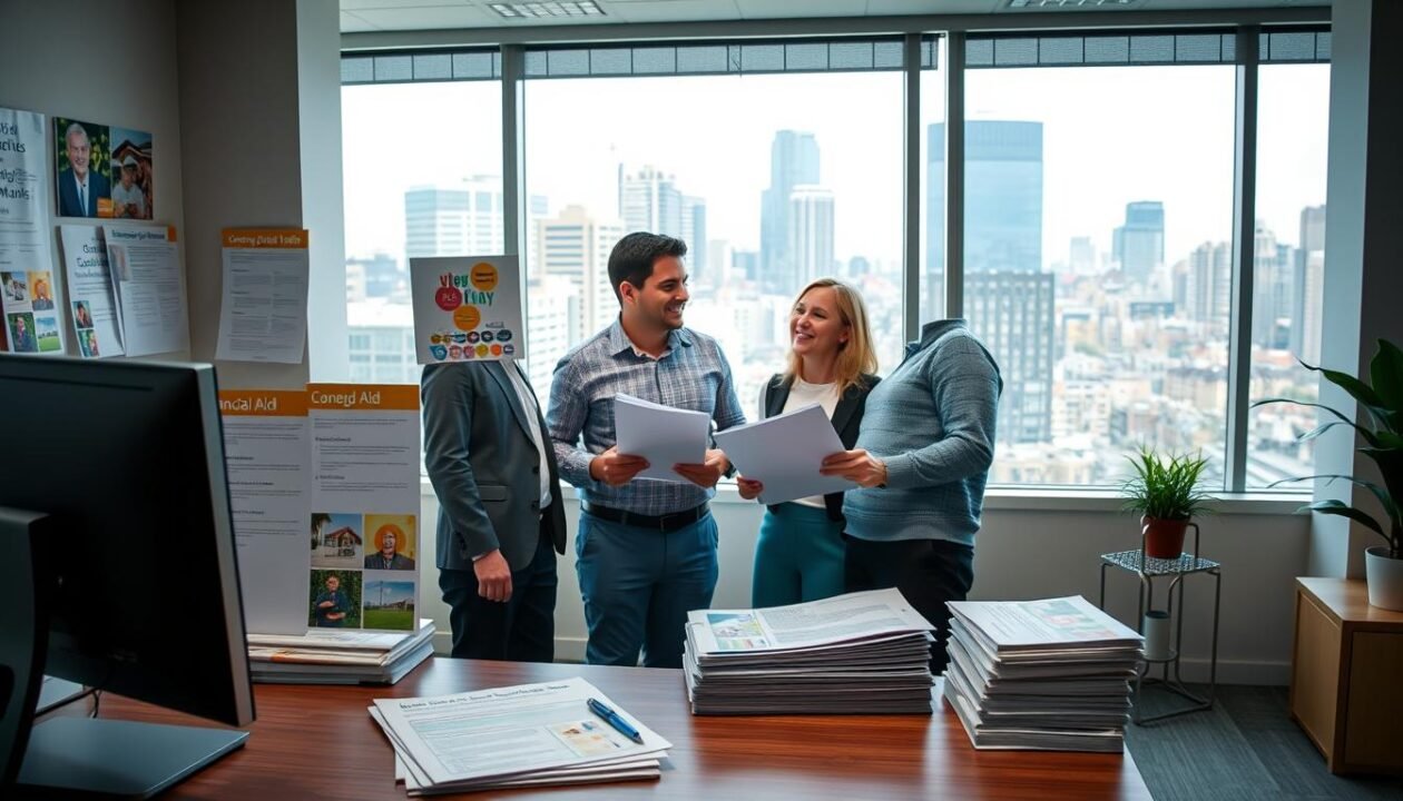 A modern, well-lit office space featuring an array of financial aid application forms, brochures, and consultation materials related to energy efficiency renovations. In the foreground, a desk with a desktop computer, a stack of documents, and a pen waiting to be used. The middle ground showcases an energy efficiency consultant discussing options with a homeowner, their expressions conveying a sense of optimism and collaboration. In the background, a large window overlooking a bustling city, symbolizing the urban context in which these energy-saving initiatives take place. The overall atmosphere is professional, informative, and designed to inspire homeowners to take advantage of the available financial assistance for sustainable home improvements.