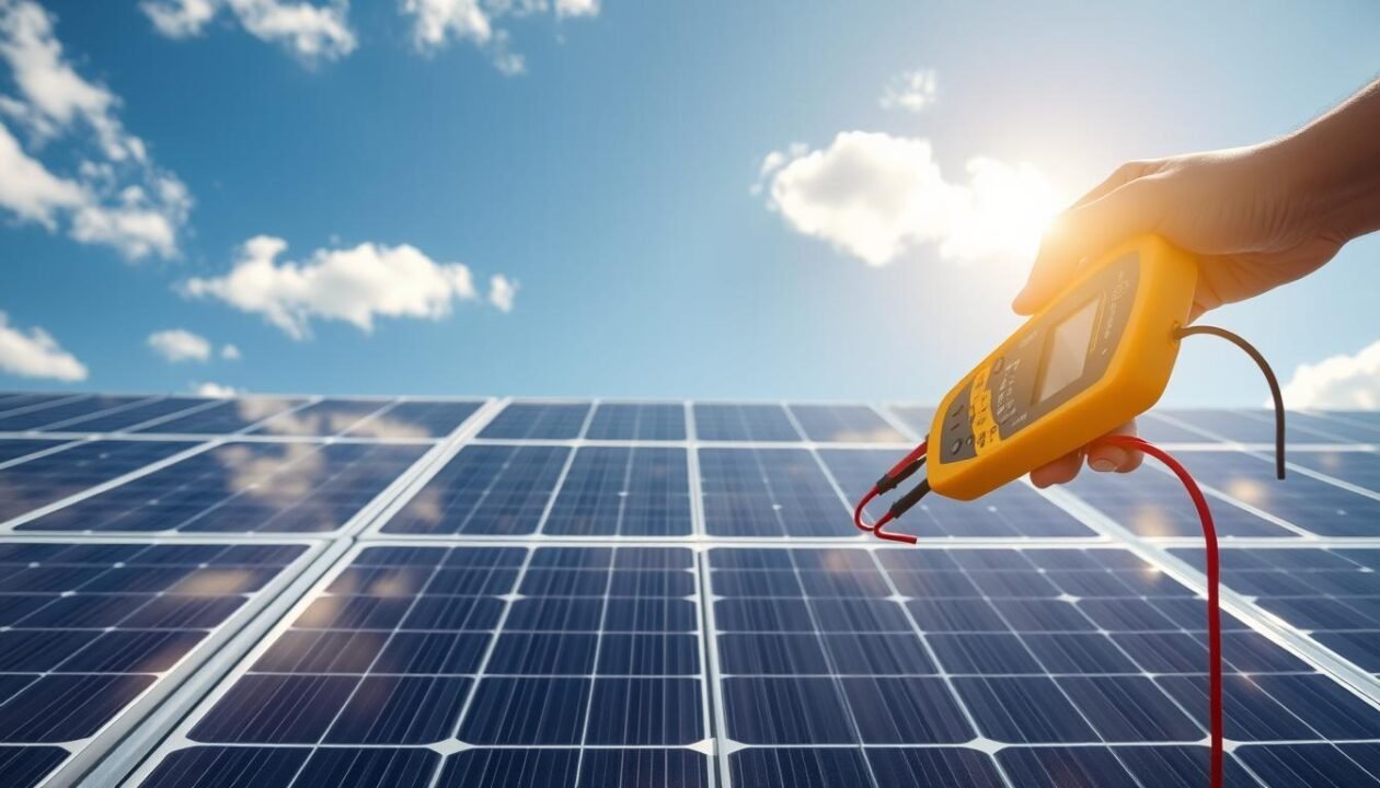 A photorealistic image of a solar panel array on a sunny day, with a person using a digital multimeter to measure the peak power output (watt-peak) of the panels. The foreground shows the person's hands precisely positioning the multimeter probes on the panel terminals, while the middle ground depicts the solar panels in a neat, organized layout. The background features a clear blue sky with scattered clouds, conveying a tranquil, well-lit environment. The lighting is natural, with the sun casting soft shadows and highlights on the panels and the person's hands. The camera angle is slightly elevated, providing a clear view of the measurement process and the solar panel setup.